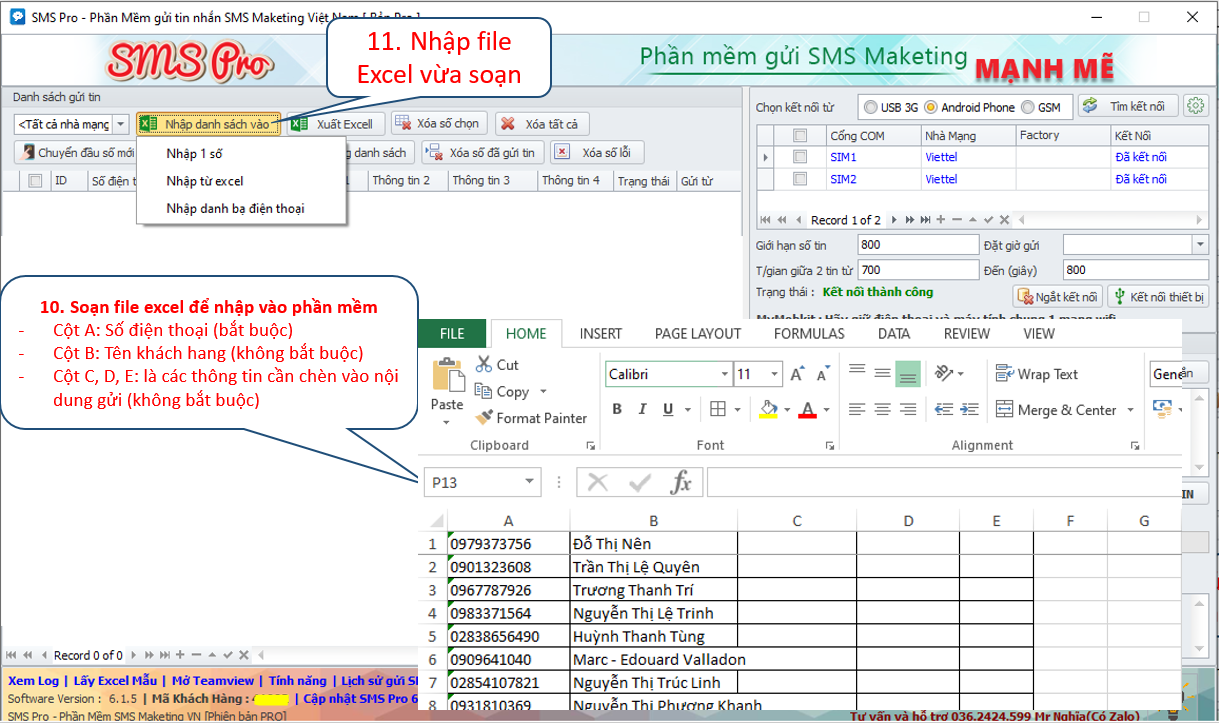 Soạn và nhập Excel vào phần mềm SMS