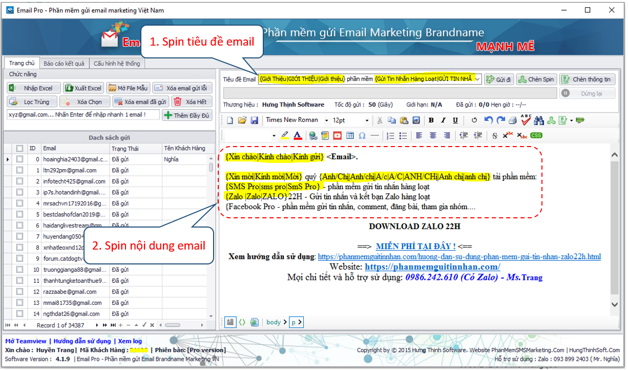 Spin tiêu đề và nội dung - HSSD phần mềm Email pro